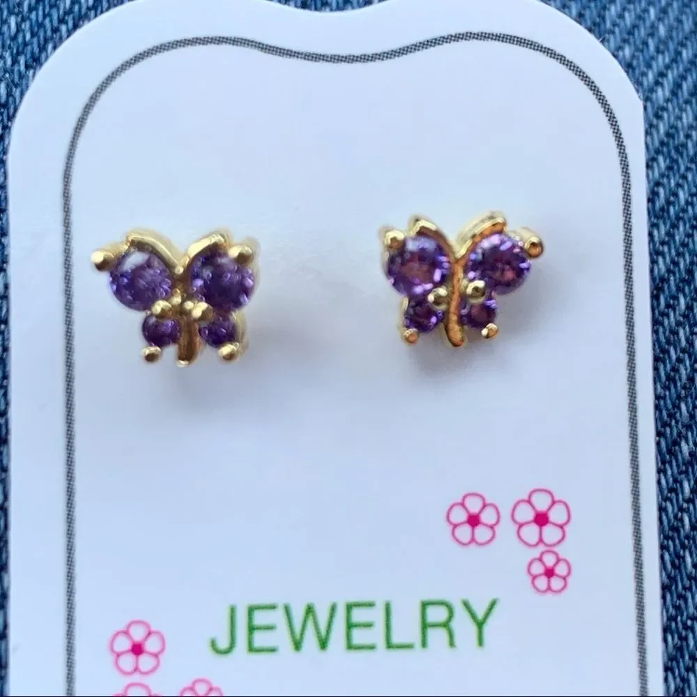 14k gold plated Purple Butterfly CZ Earrings